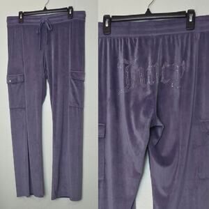 JUICY COUTURE Purple Bling Cargo Pocket Velour Wide Leg Pants Logo Y2K Size XL